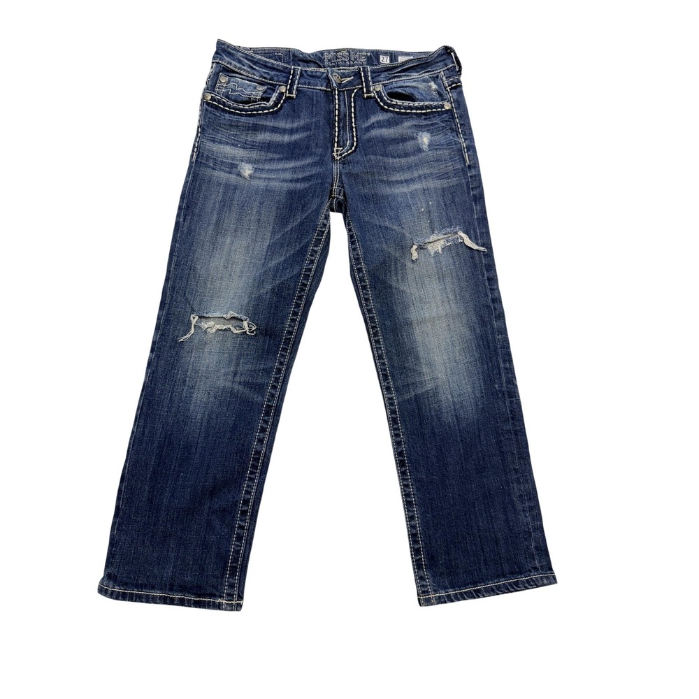 Miss Me Boyfriend Jeans Womens 27 Blue Mid Rise Distressed Embroidered‎ 33x28